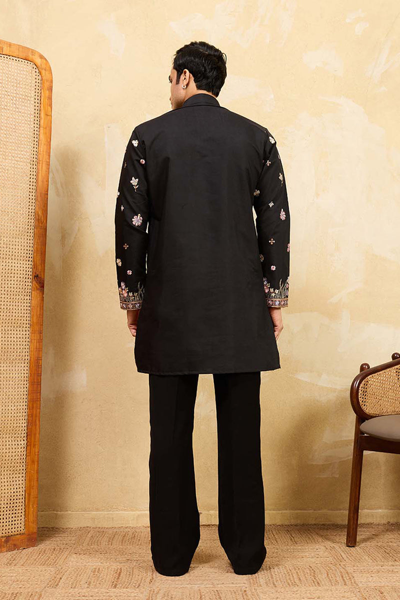 Men Black Silk Blend Embroidered Straight Kurta Sets | SHOBITAM