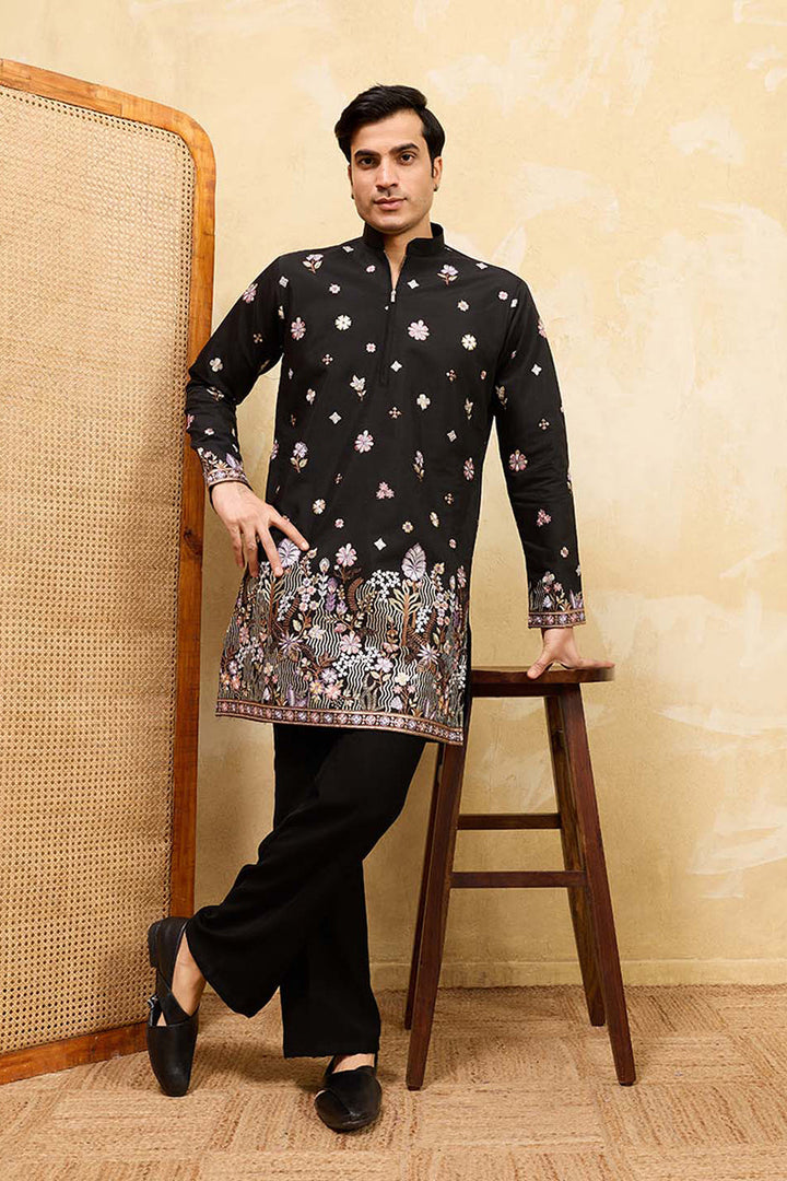 Men Black Silk Blend Embroidered Straight Kurta Sets | SHOBITAM