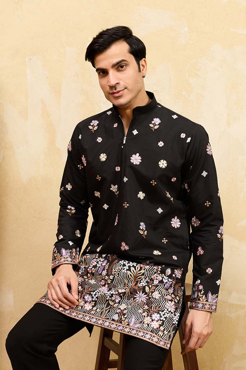 Men Black Silk Blend Embroidered Straight Kurta Sets | SHOBITAM