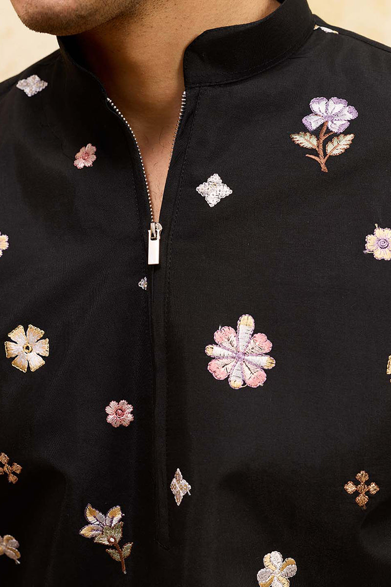 Men Black Silk Blend Embroidered Straight Kurta Sets | SHOBITAM