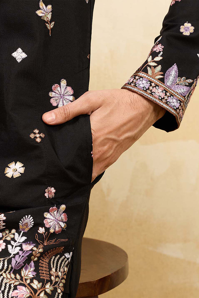 Men Black Silk Blend Embroidered Straight Kurta Sets | SHOBITAM