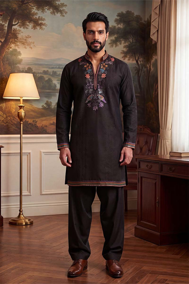 Mens Black Silk Blend Embroidered Straight Kurta With Trousers | SHOBITAM