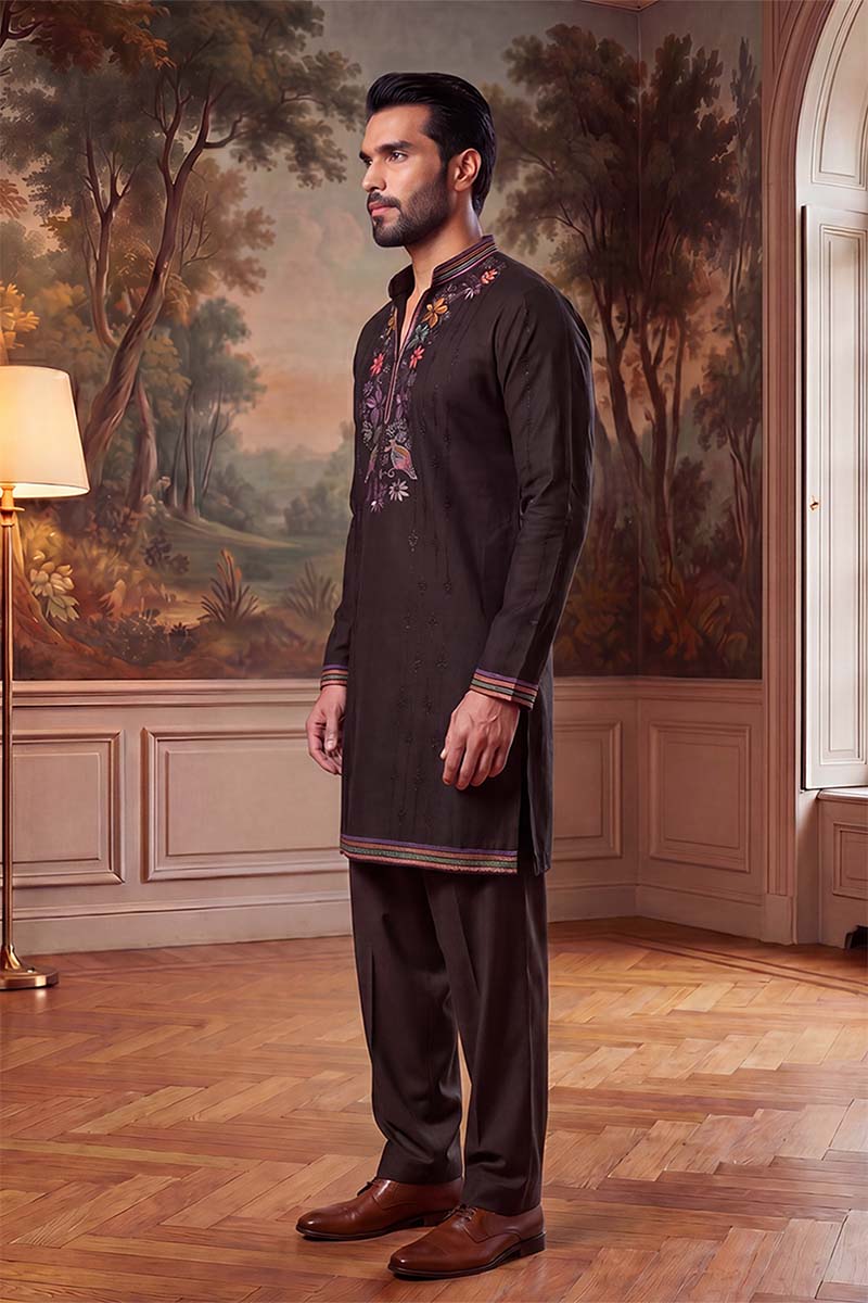 Mens Black Silk Blend Embroidered Straight Kurta With Trousers | SHOBITAM