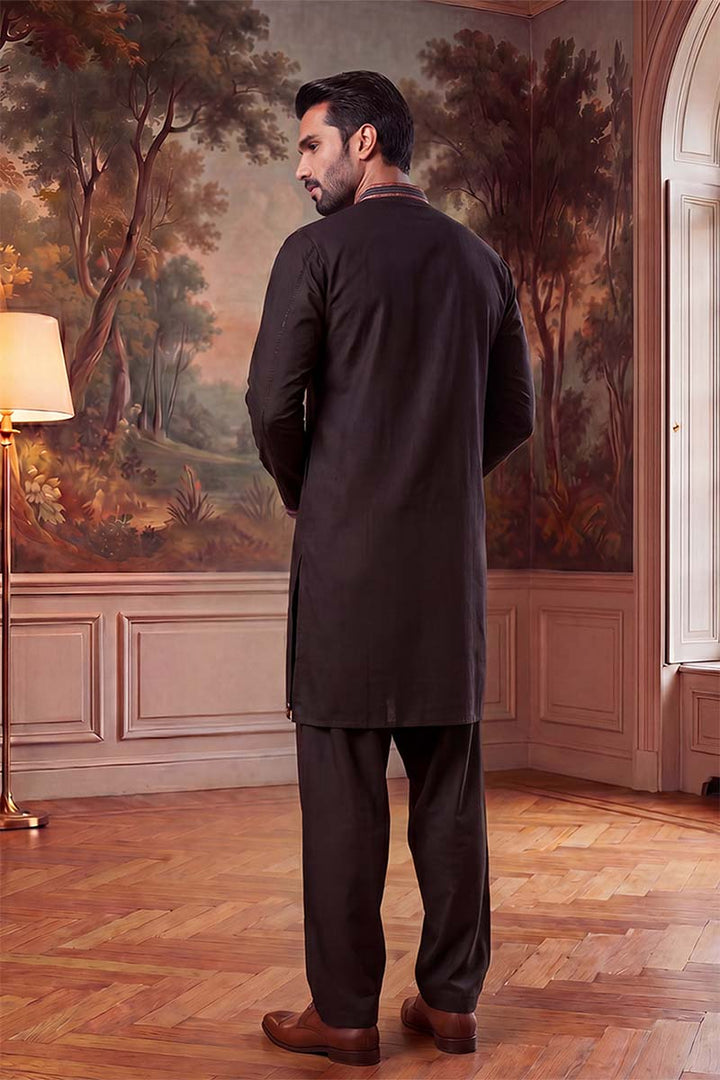 Mens Black Silk Blend Embroidered Straight Kurta With Trousers | SHOBITAM