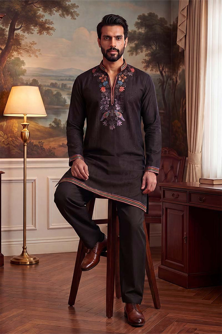 Mens Black Silk Blend Embroidered Straight Kurta With Trousers | SHOBITAM