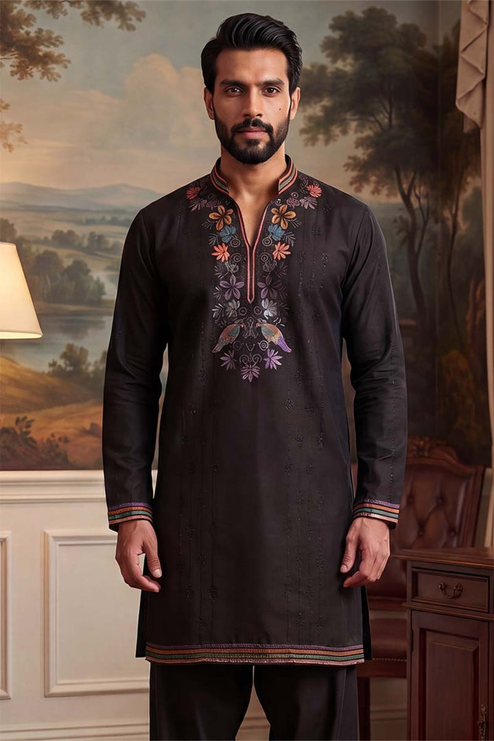 Mens Black Silk Blend Embroidered Straight Kurta With Trousers | SHOBITAM