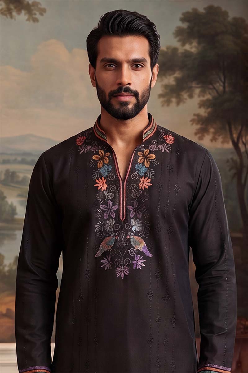 Mens Black Silk Blend Embroidered Straight Kurta With Trousers | SHOBITAM