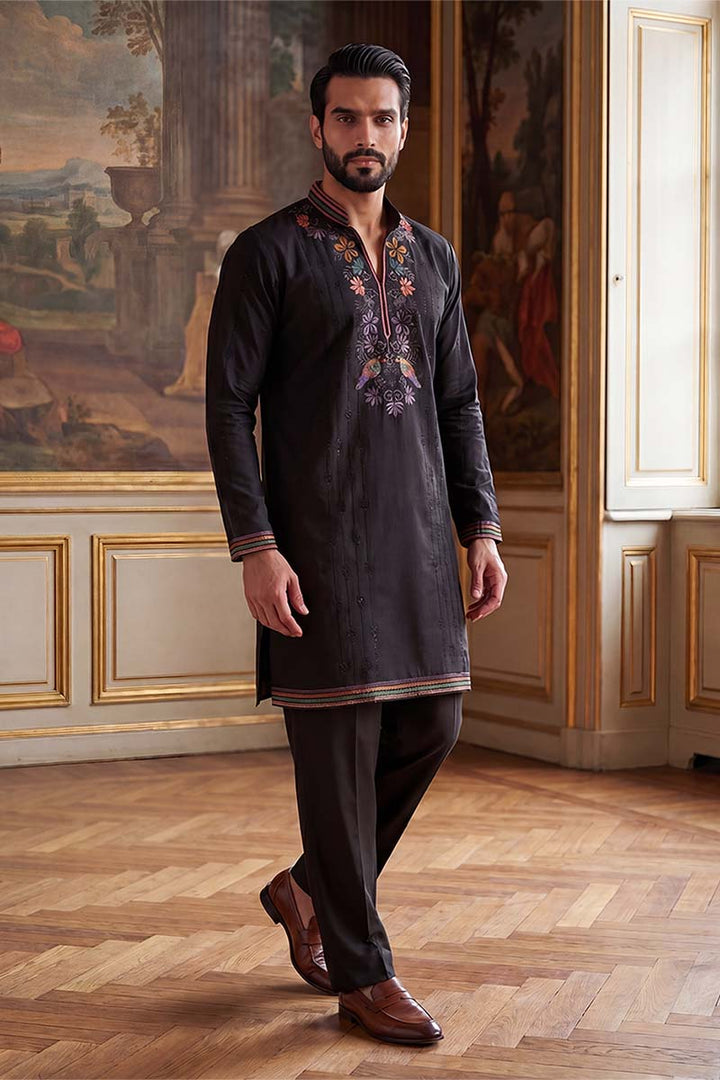 Mens Black Silk Blend Embroidered Straight Kurta With Trousers | SHOBITAM