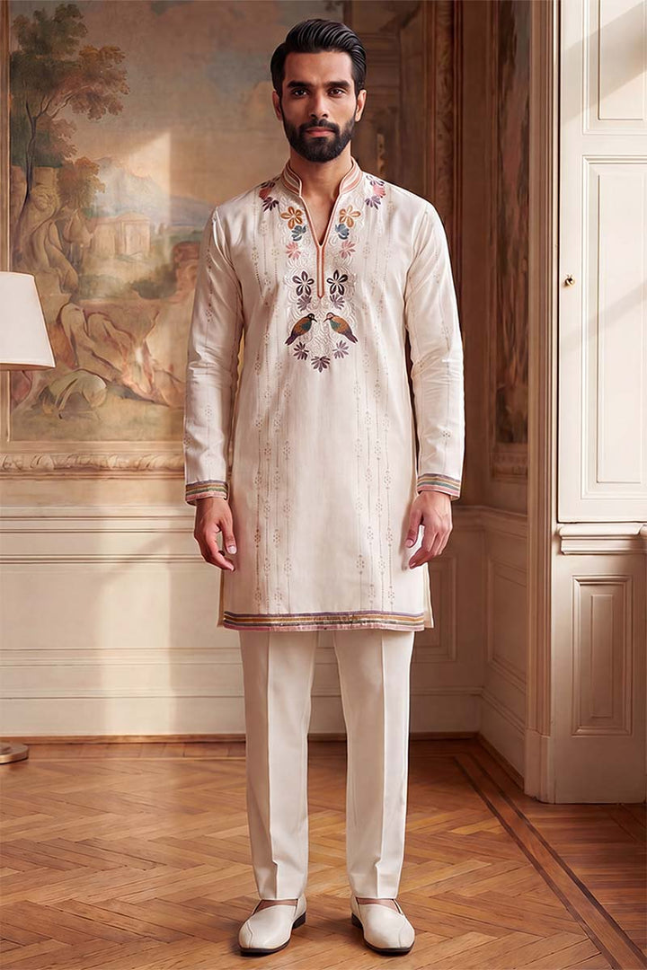 Mens White Silk Blend Embroidered Straight Kurta With Trousers | SHOBITAM