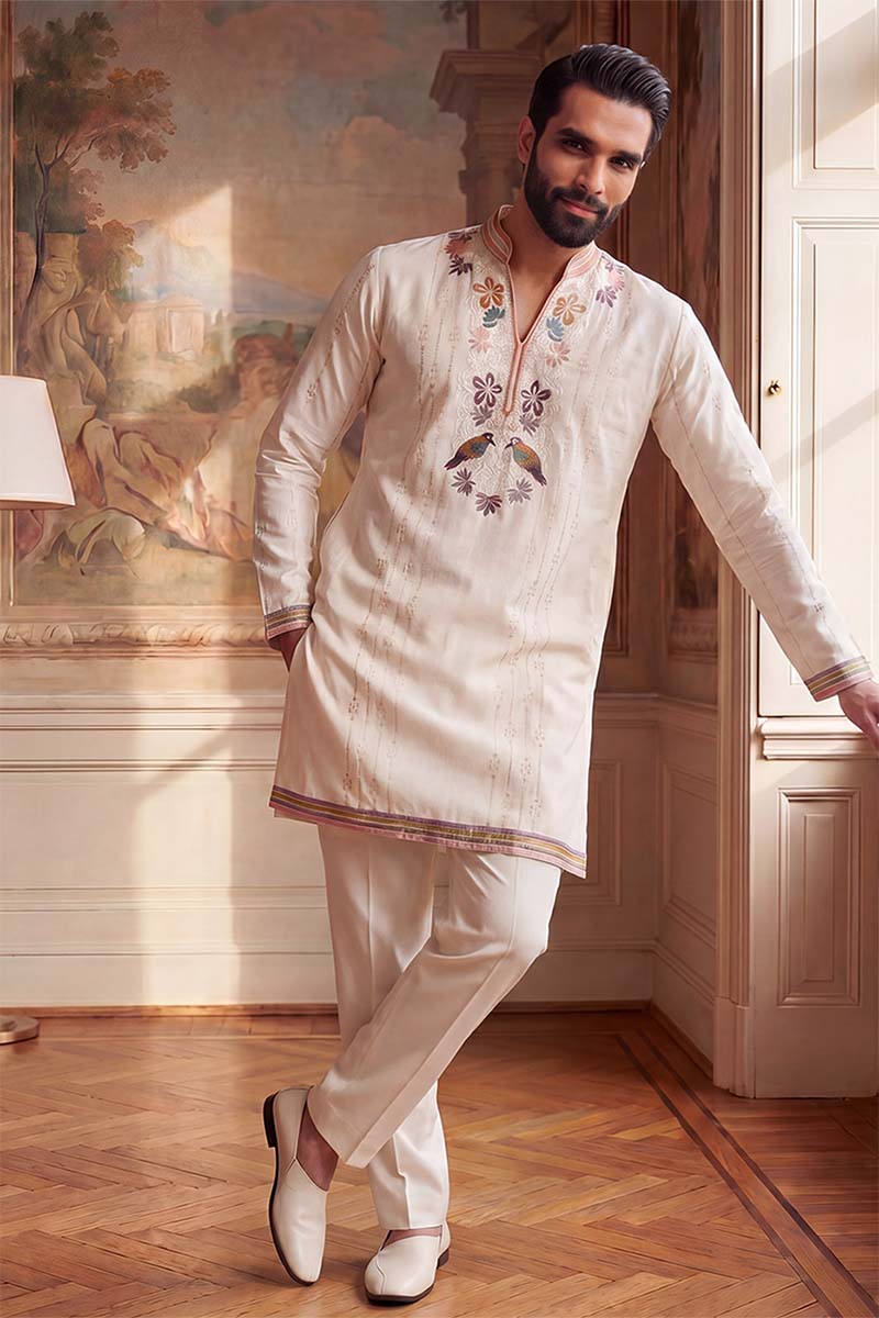 Mens White Silk Blend Embroidered Straight Kurta With Trousers | SHOBITAM