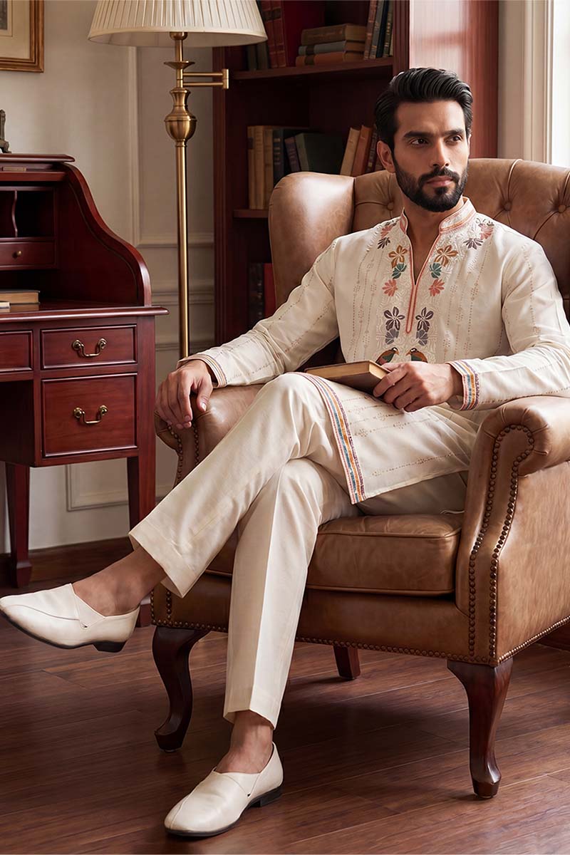 Mens White Silk Blend Embroidered Straight Kurta With Trousers | SHOBITAM