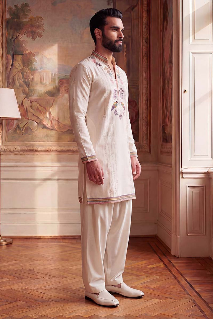 Mens White Silk Blend Embroidered Straight Kurta With Trousers | SHOBITAM