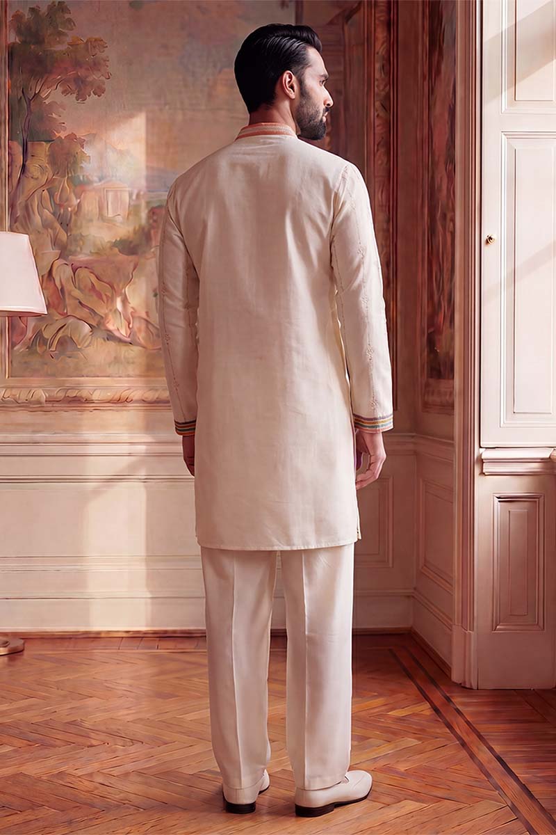 Mens White Silk Blend Embroidered Straight Kurta With Trousers | SHOBITAM