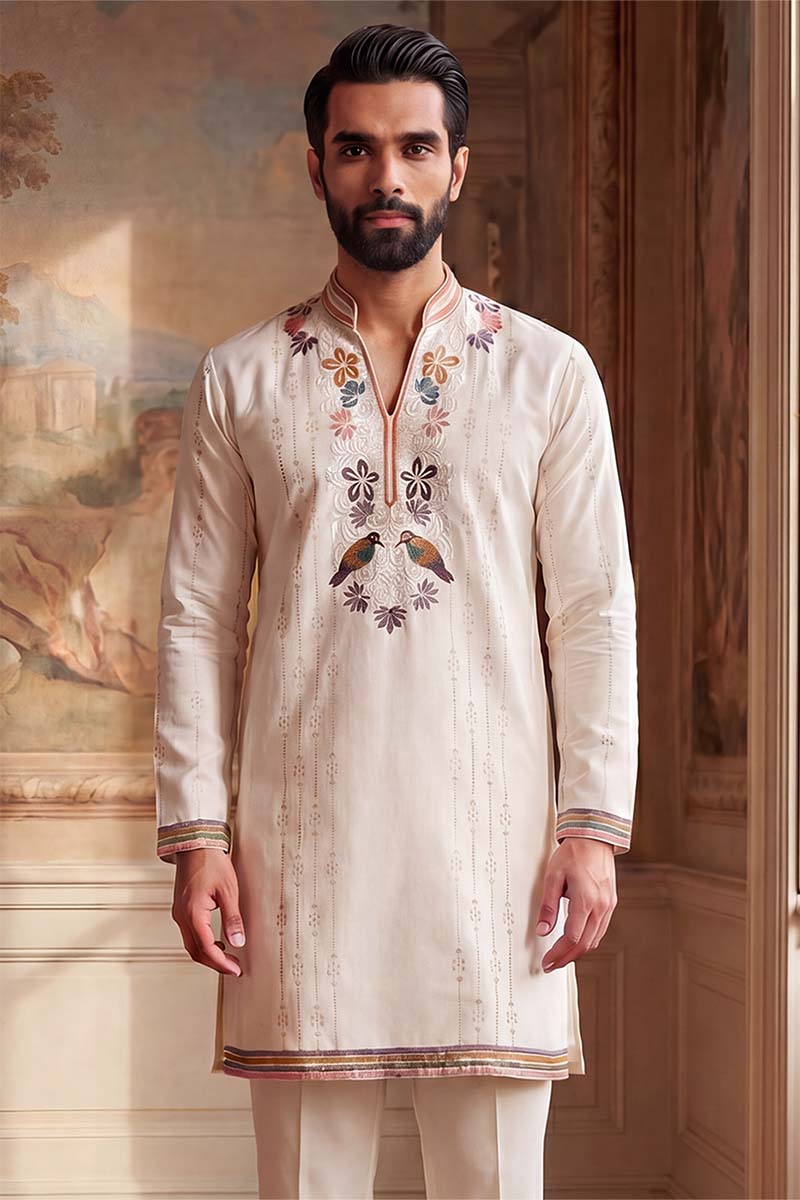 Mens White Silk Blend Embroidered Straight Kurta With Trousers | SHOBITAM