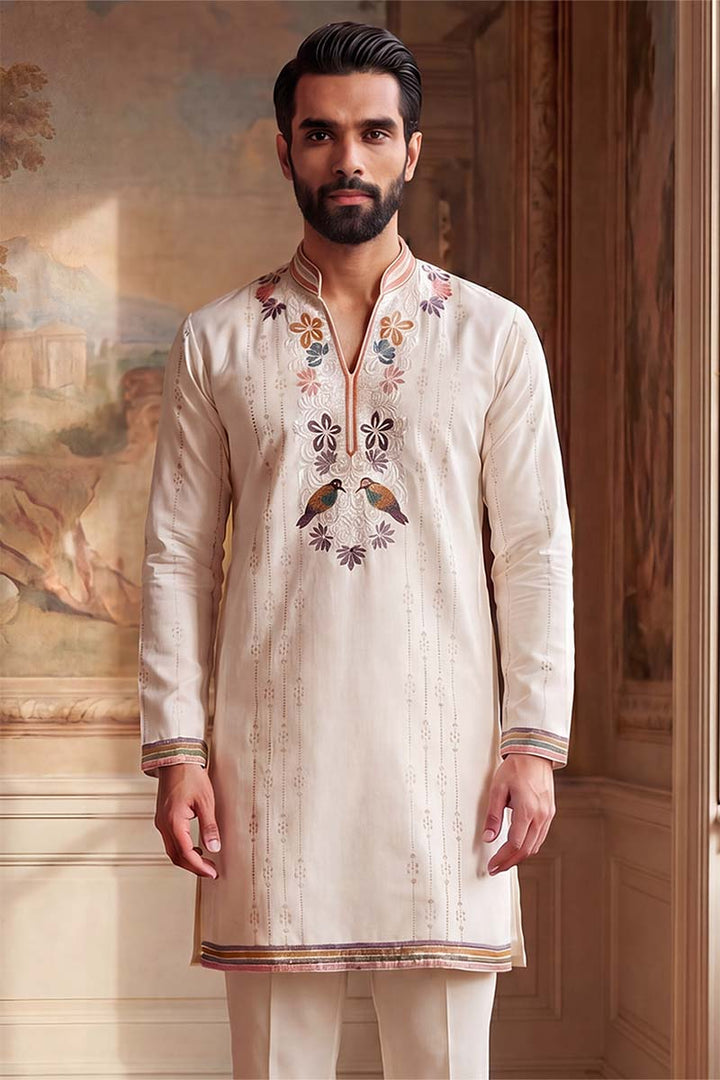 Mens White Silk Blend Embroidered Straight Kurta With Trousers | SHOBITAM