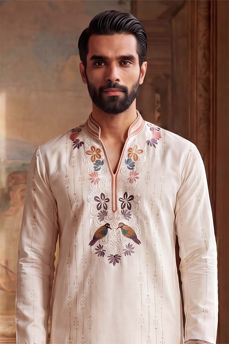 Mens White Silk Blend Embroidered Straight Kurta With Trousers | SHOBITAM