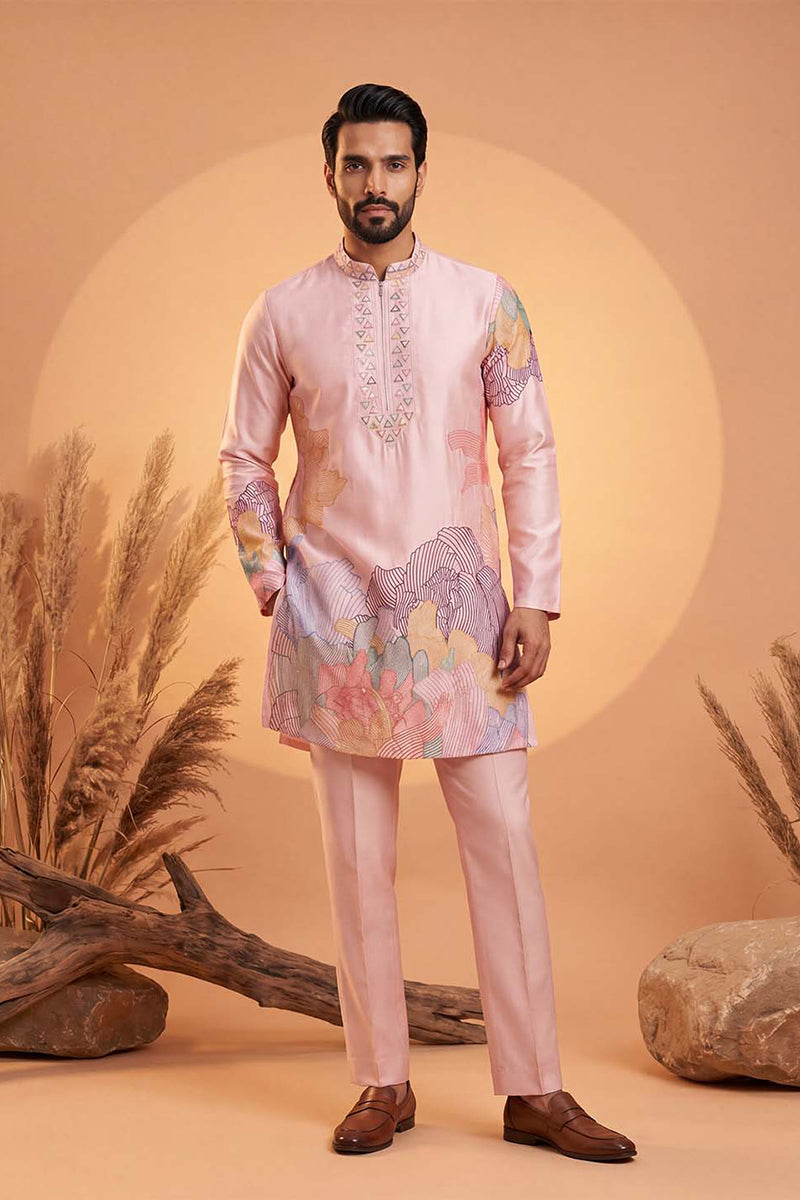 Men Pink Silk Blend Embroidered Straight Kurta Sets | SHOBITAM