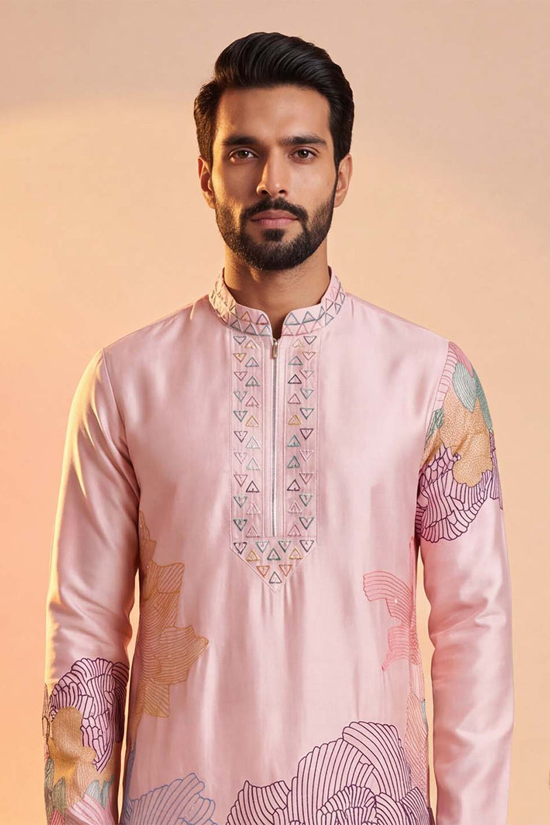 Men Pink Silk Blend Embroidered Straight Kurta Sets | SHOBITAM