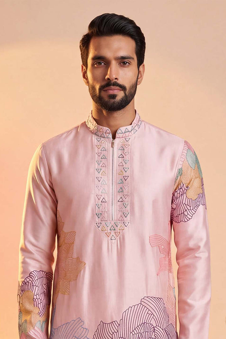 Men Pink Silk Blend Embroidered Straight Kurta Sets | SHOBITAM