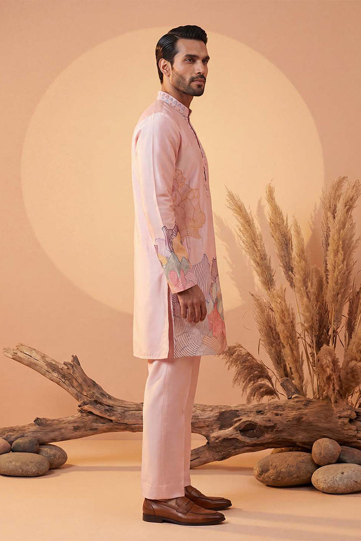 Men Pink Silk Blend Embroidered Straight Kurta Sets | SHOBITAM