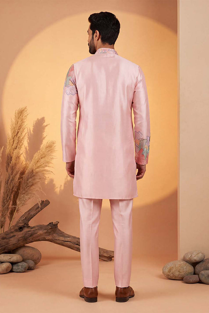 Men Pink Silk Blend Embroidered Straight Kurta Sets | SHOBITAM