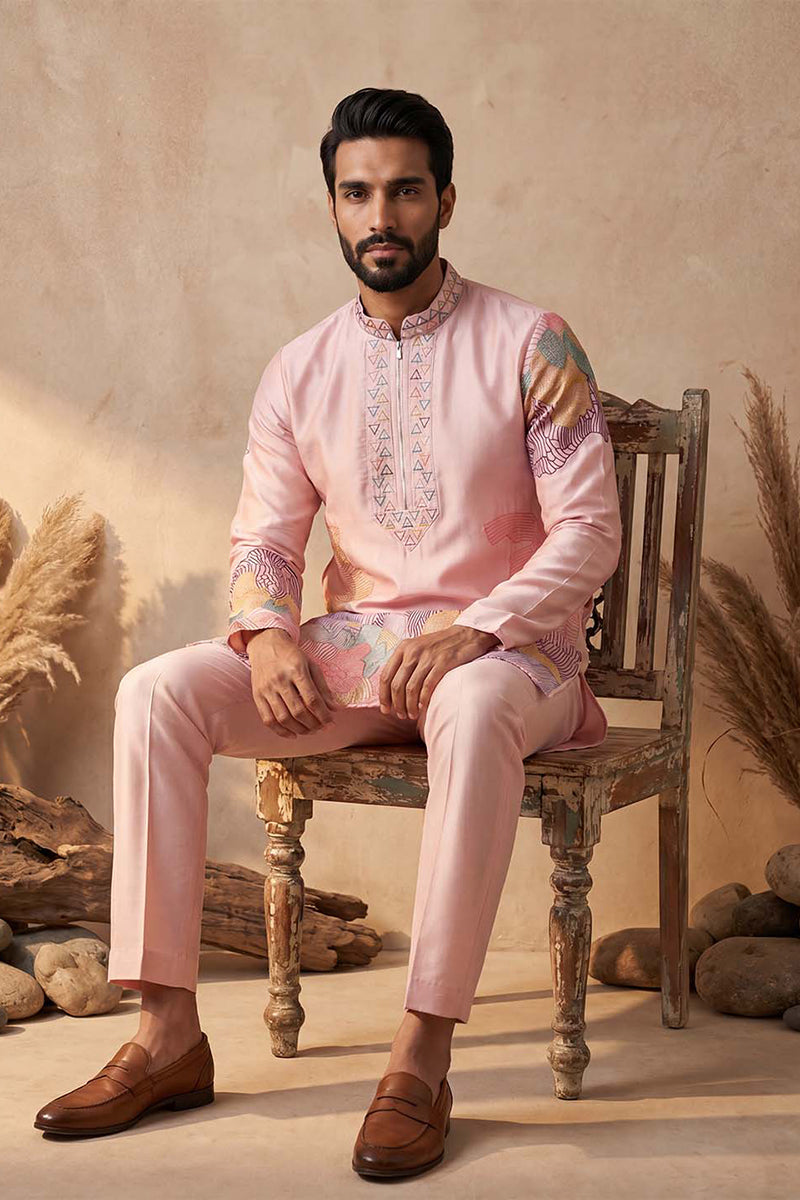 Men Pink Silk Blend Embroidered Straight Kurta Sets | SHOBITAM