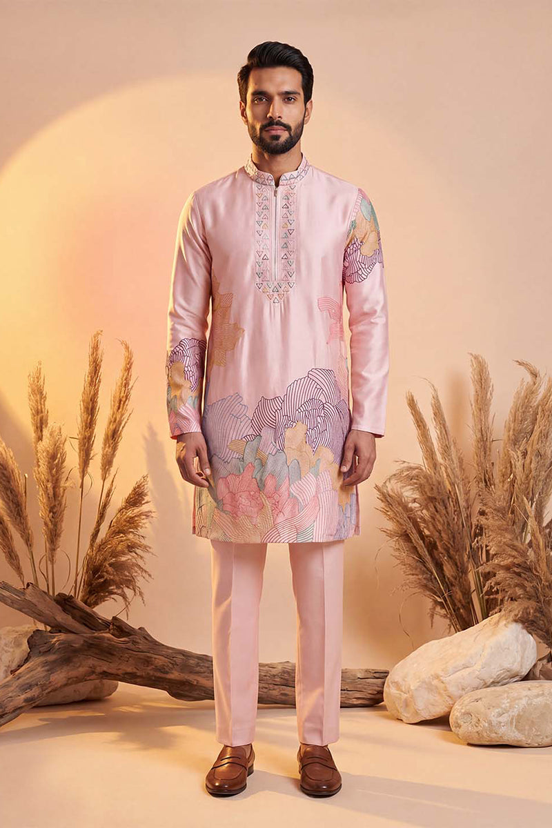 Men Pink Silk Blend Embroidered Straight Kurta Sets | SHOBITAM