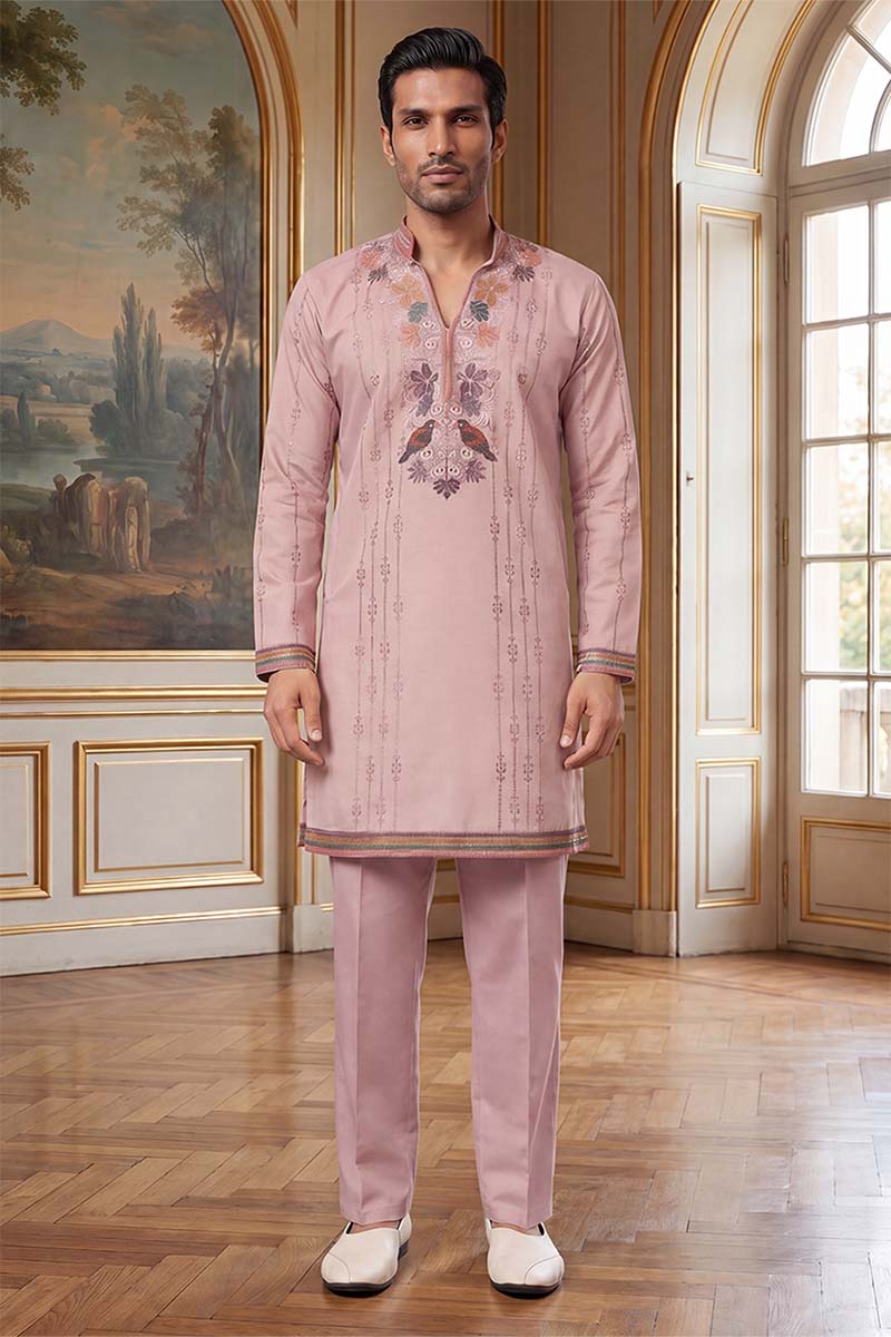 Men's Lavender Silk Blend Embroidered Straight Kurta With Trousers | SHOBITAM