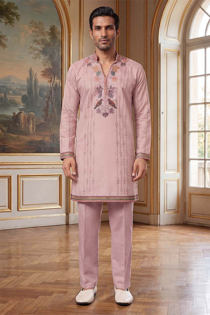 Men's Lavender Silk Blend Embroidered Straight Kurta With Trousers | SHOBITAM