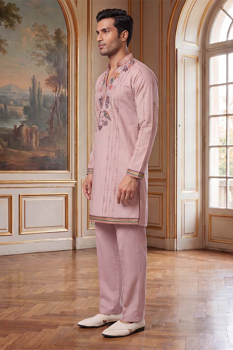 Men's Lavender Silk Blend Embroidered Straight Kurta With Trousers | SHOBITAM
