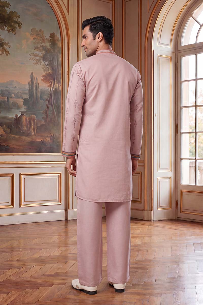 Men's Lavender Silk Blend Embroidered Straight Kurta With Trousers | SHOBITAM