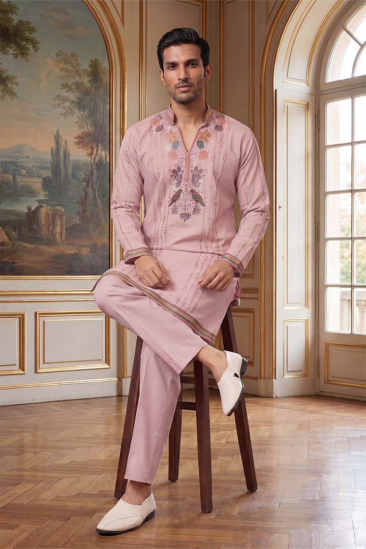 Men's Lavender Silk Blend Embroidered Straight Kurta With Trousers | SHOBITAM