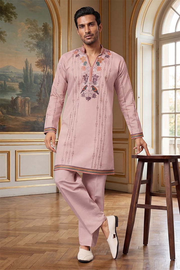 Men's Lavender Silk Blend Embroidered Straight Kurta With Trousers | SHOBITAM