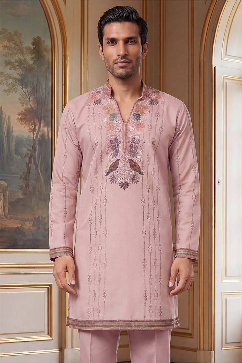 Men's Lavender Silk Blend Embroidered Straight Kurta With Trousers | SHOBITAM