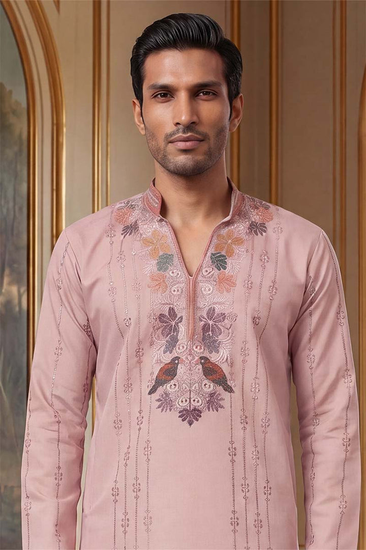 Men's Lavender Silk Blend Embroidered Straight Kurta With Trousers | SHOBITAM