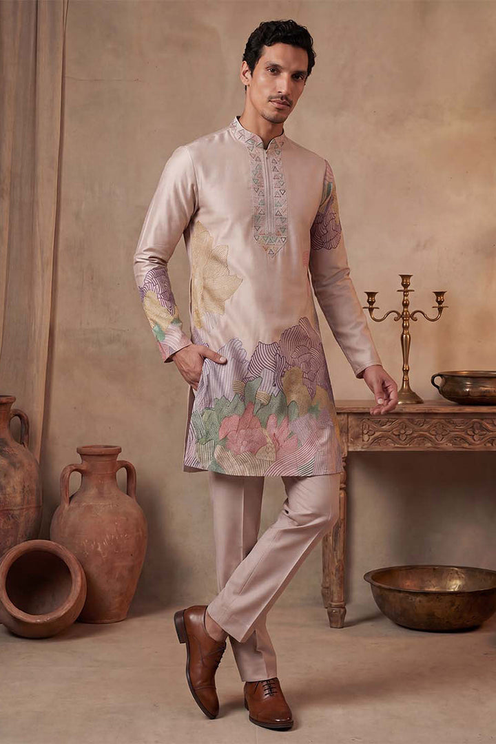 Men Taupe Silk Blend Embroidered Straight Kurta Sets | SHOBITAM
