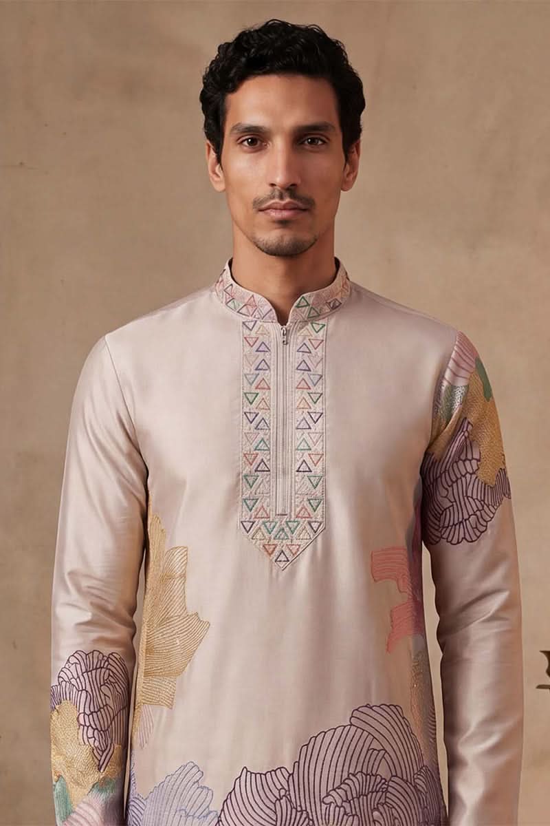 Men Taupe Silk Blend Embroidered Straight Kurta Sets | SHOBITAM
