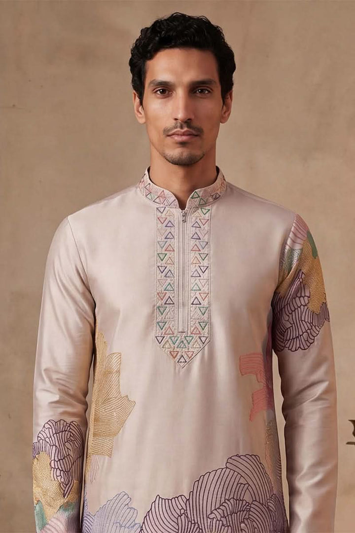 Men Taupe Silk Blend Embroidered Straight Kurta Sets | SHOBITAM