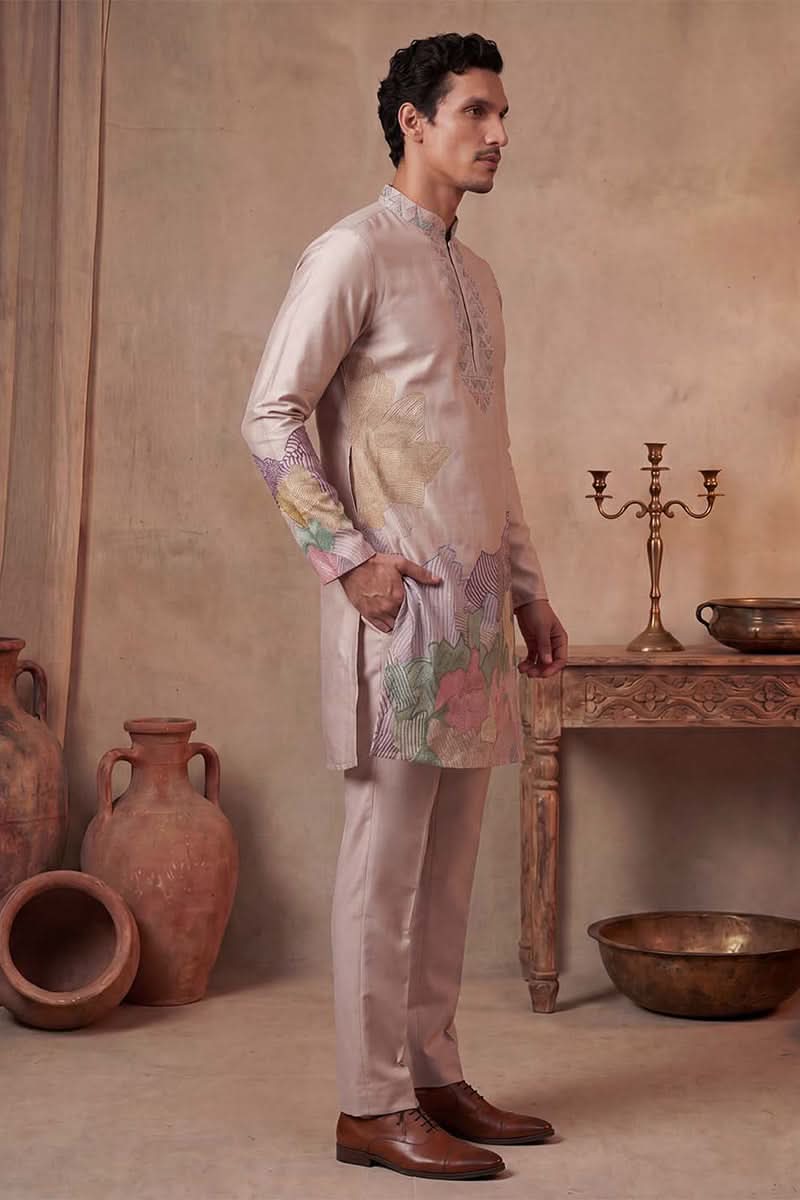 Men Taupe Silk Blend Embroidered Straight Kurta Sets | SHOBITAM