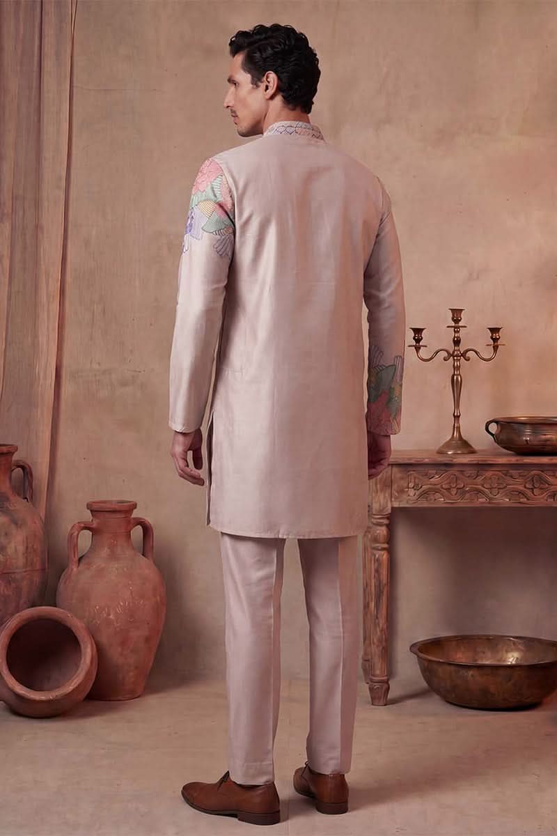 Men Taupe Silk Blend Embroidered Straight Kurta Sets | SHOBITAM