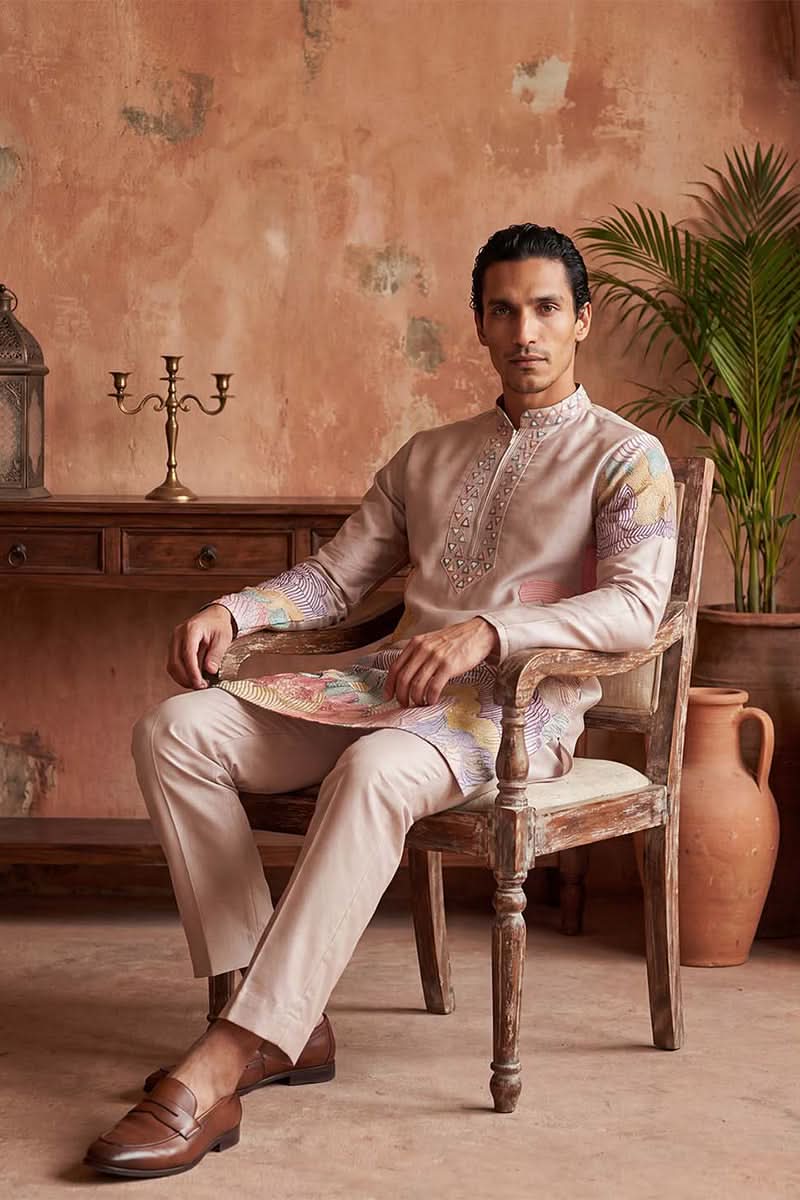 Men Taupe Silk Blend Embroidered Straight Kurta Sets | SHOBITAM