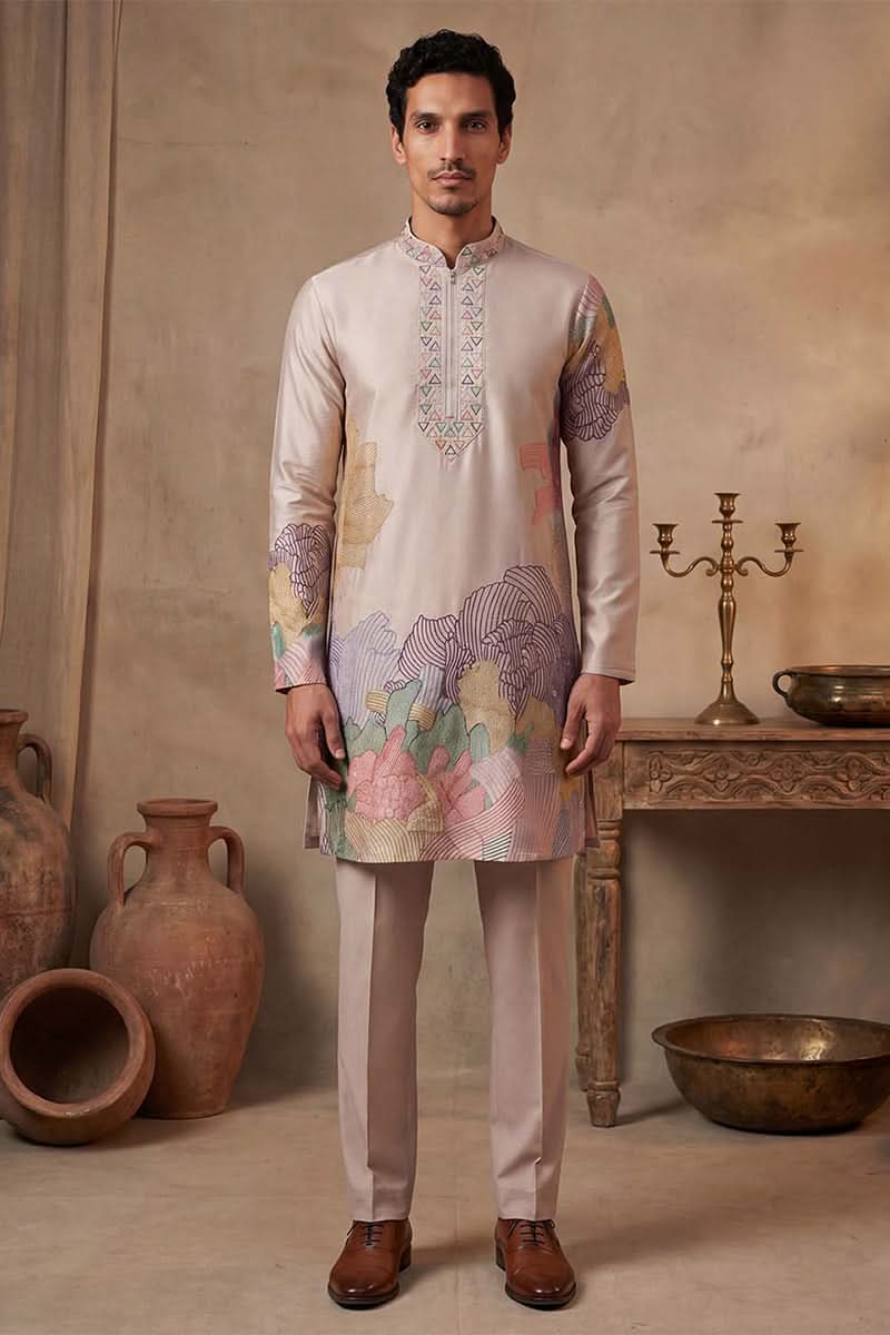 Men Taupe Silk Blend Embroidered Straight Kurta Sets | SHOBITAM