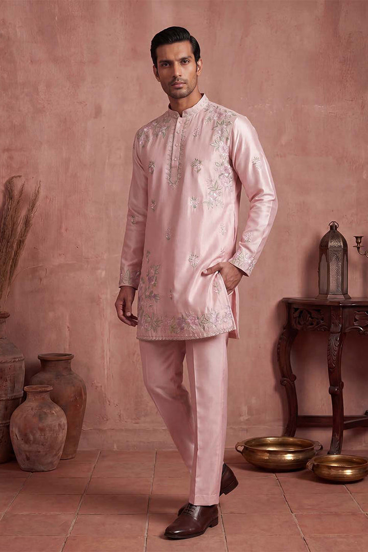 Men Pink Silk Blend Embroidered Straight Kurta Sets | SHOBITAM