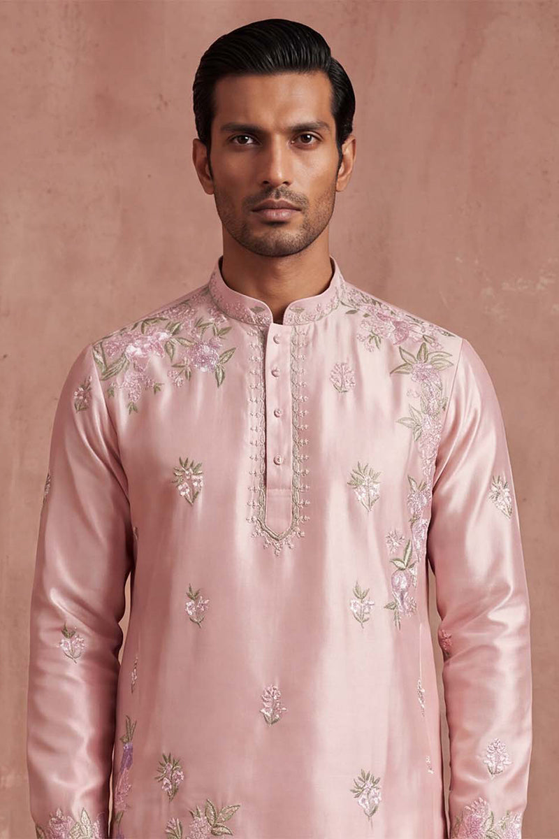Men Pink Silk Blend Embroidered Straight Kurta Sets | SHOBITAM