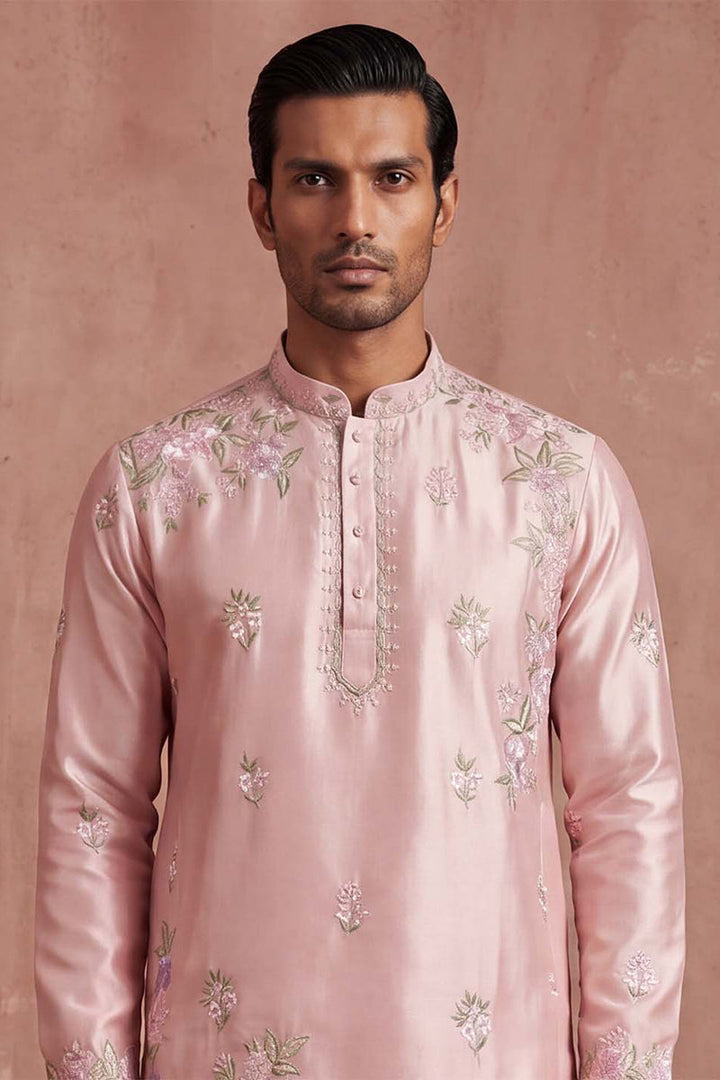 Men Pink Silk Blend Embroidered Straight Kurta Sets | SHOBITAM