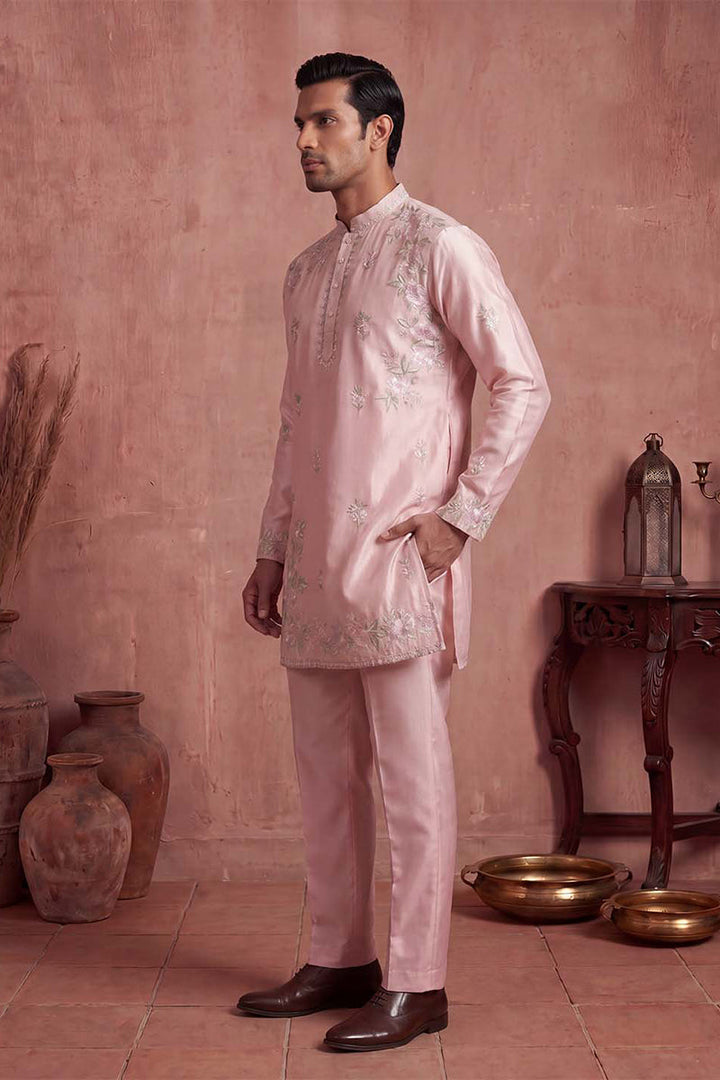 Men Pink Silk Blend Embroidered Straight Kurta Sets | SHOBITAM
