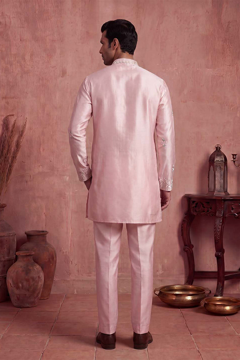 Men Pink Silk Blend Embroidered Straight Kurta Sets | SHOBITAM