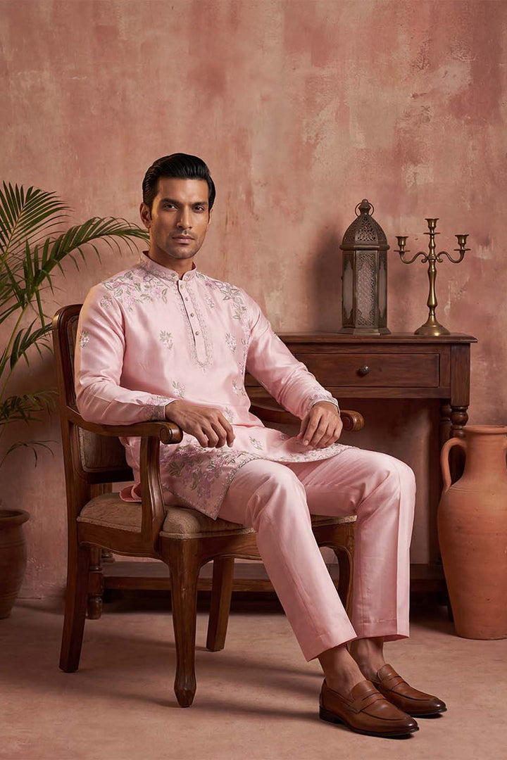Men Pink Silk Blend Embroidered Straight Kurta Sets | SHOBITAM