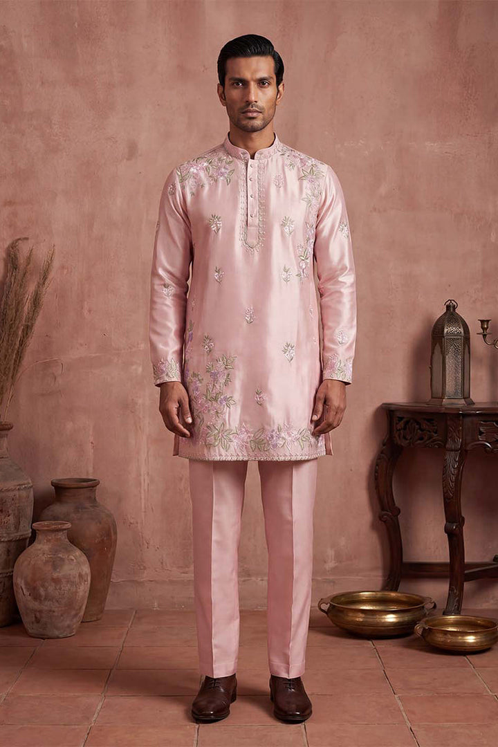 Men Pink Silk Blend Embroidered Straight Kurta Sets | SHOBITAM