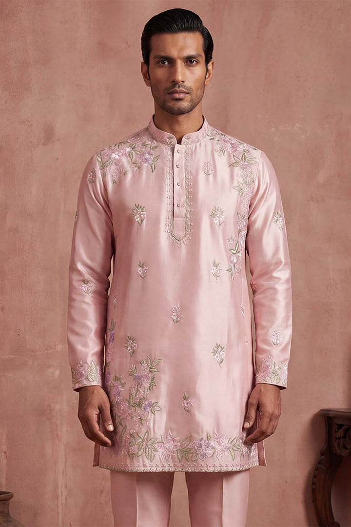 Men Pink Silk Blend Embroidered Straight Kurta Sets | SHOBITAM